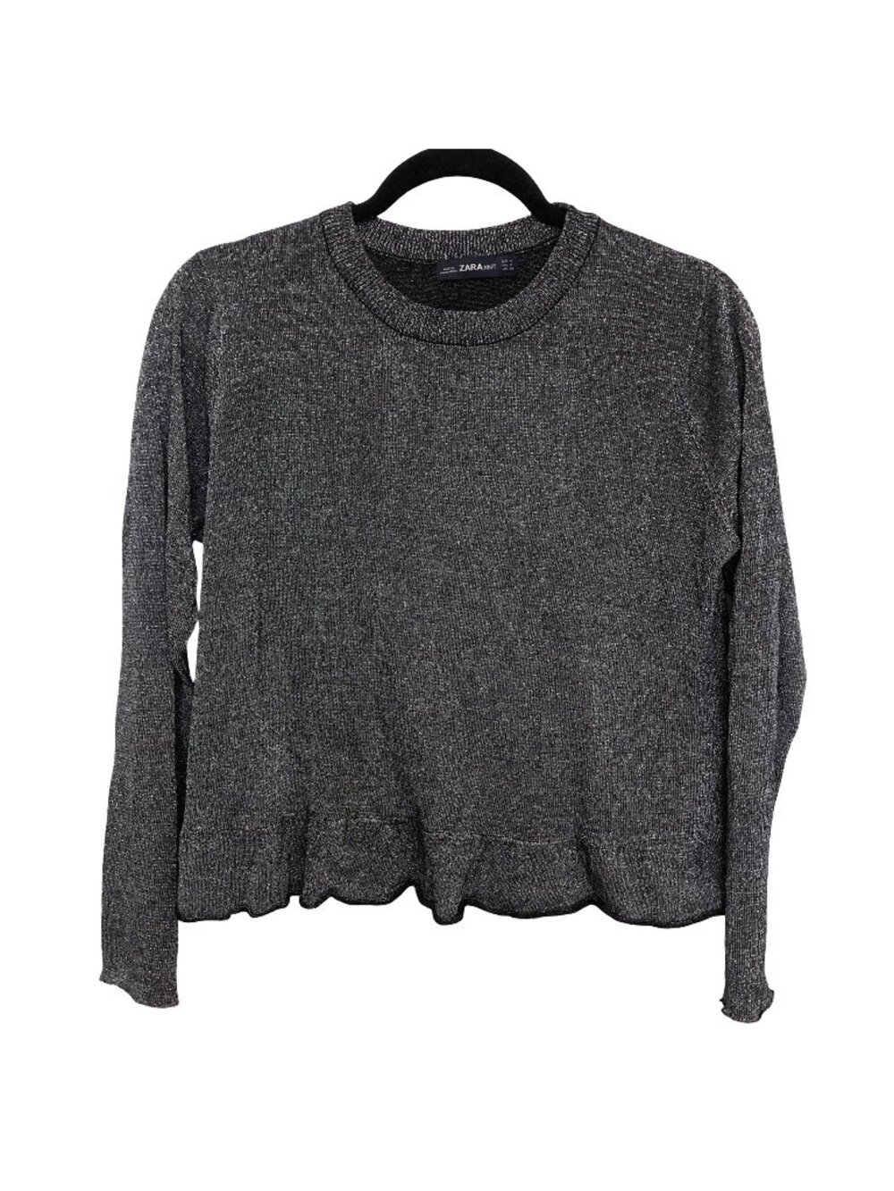 Zara Knit Metallic Gray Long Sleeve Ruffled Hem Top M